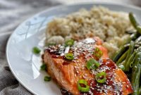 Sticky Teriyaki Glazed Salmon with Garlic and Sesame Rice