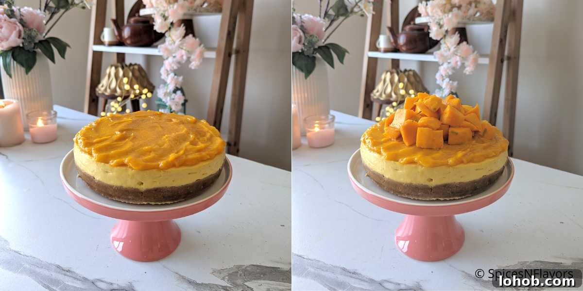 Eggless Baked Mango Cheesecake Recipe: Creamy Tropical Slice 11 spoon mango puree and place some mango pieces on top as garnish