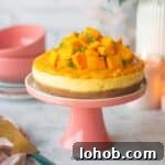 Eggless Baked Mango Cheesecake Recipe: Creamy Tropical Slice 13 cropped up image of baked mango cheesecake to fit recipe card