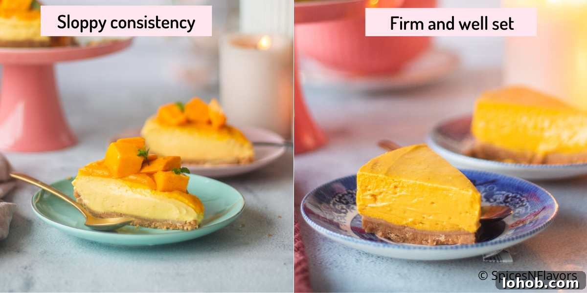 Eggless Baked Mango Cheesecake Recipe: Creamy Tropical Slice 3 collage showing the difference between the texture of mango cheesecake