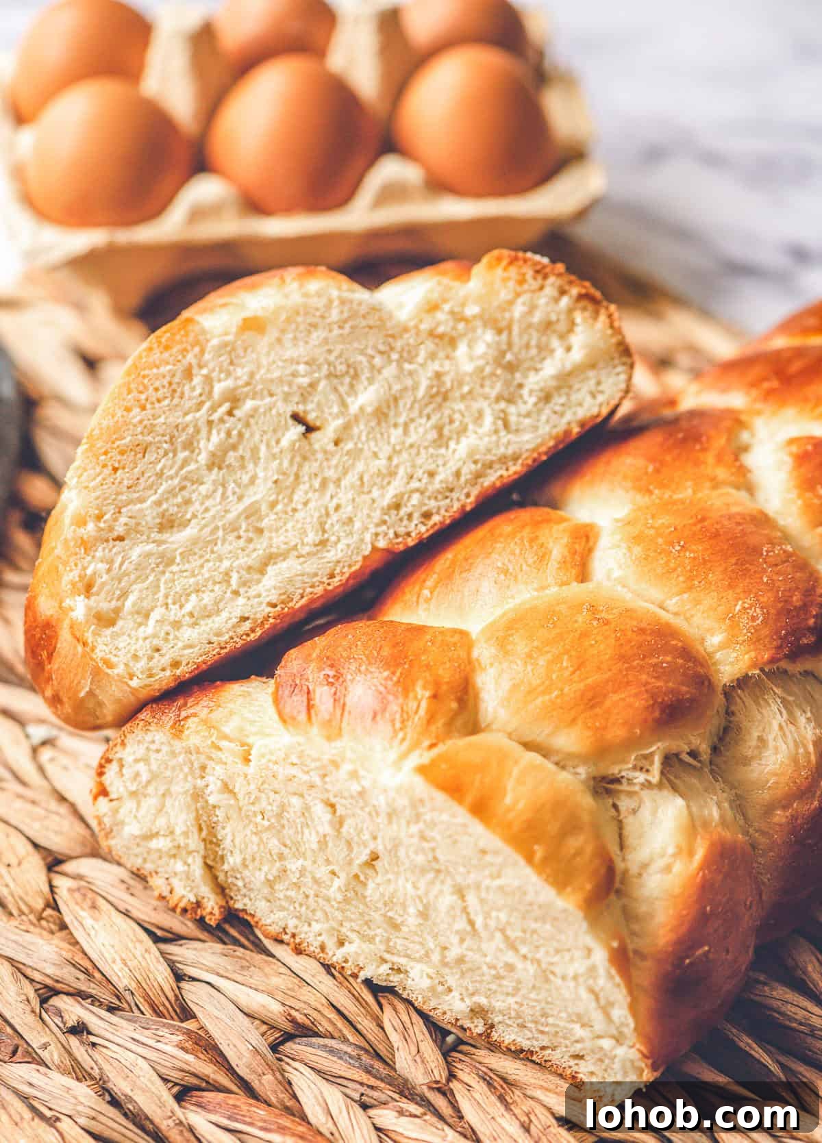 homemade challah bread with loaf cut in half.
