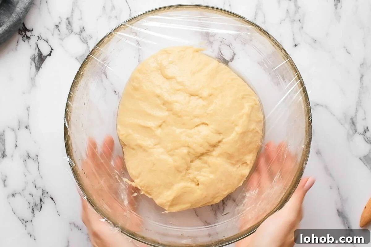 letting homemade challah bread dough rise in bowl.