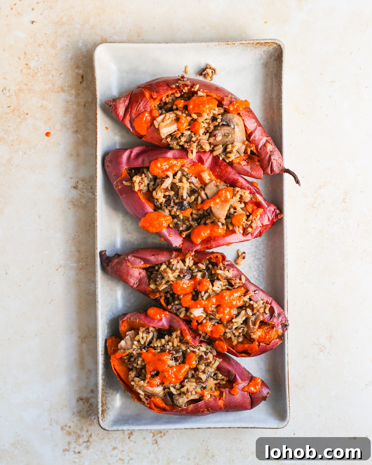 overhead stuffed potatoes on platter