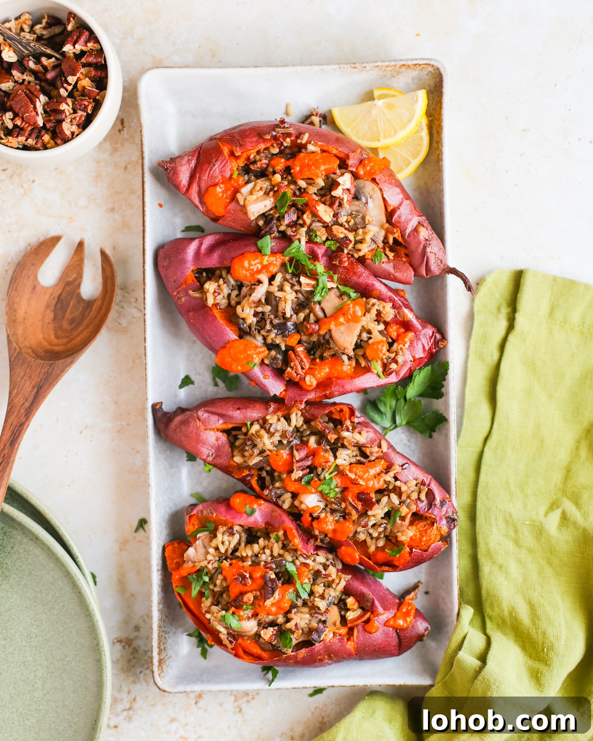 overhead sweet potatoes on platter