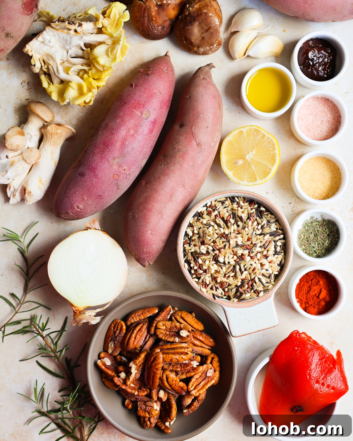 overhead of stuffed sweet potatoes ingredients