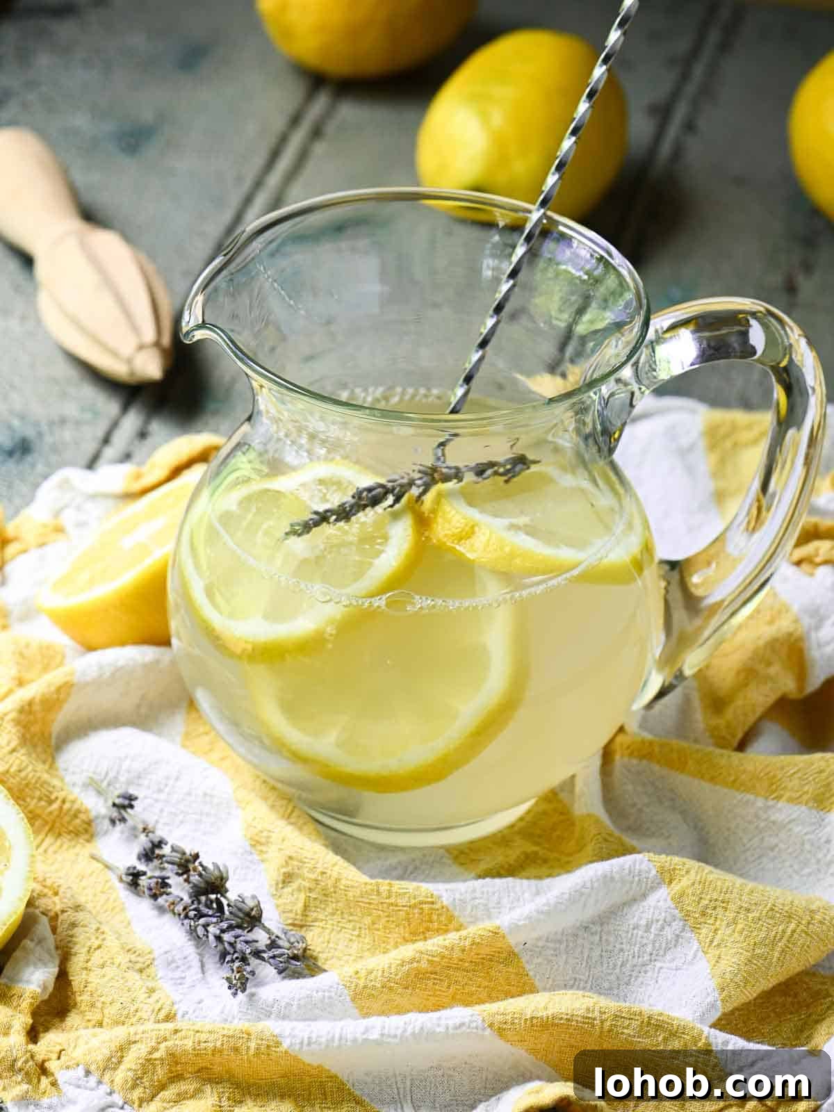 Lemonade in a pitcher with a straw.