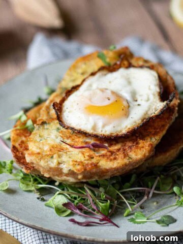 Angled view of savory French toast with a fried egg on top over greens.