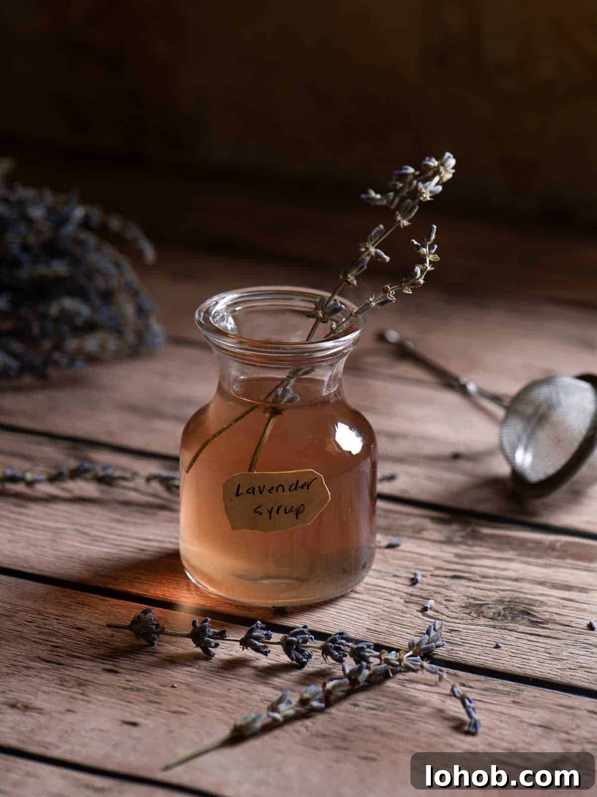 Lavender syrup in a clear container on a wood surface with lavender buds in it.