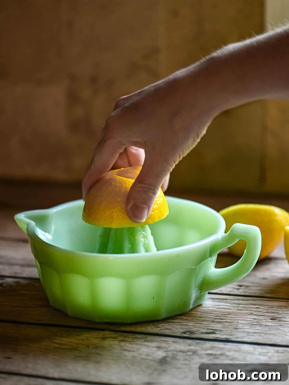 A hand squeezing a lemon over a green juicer.