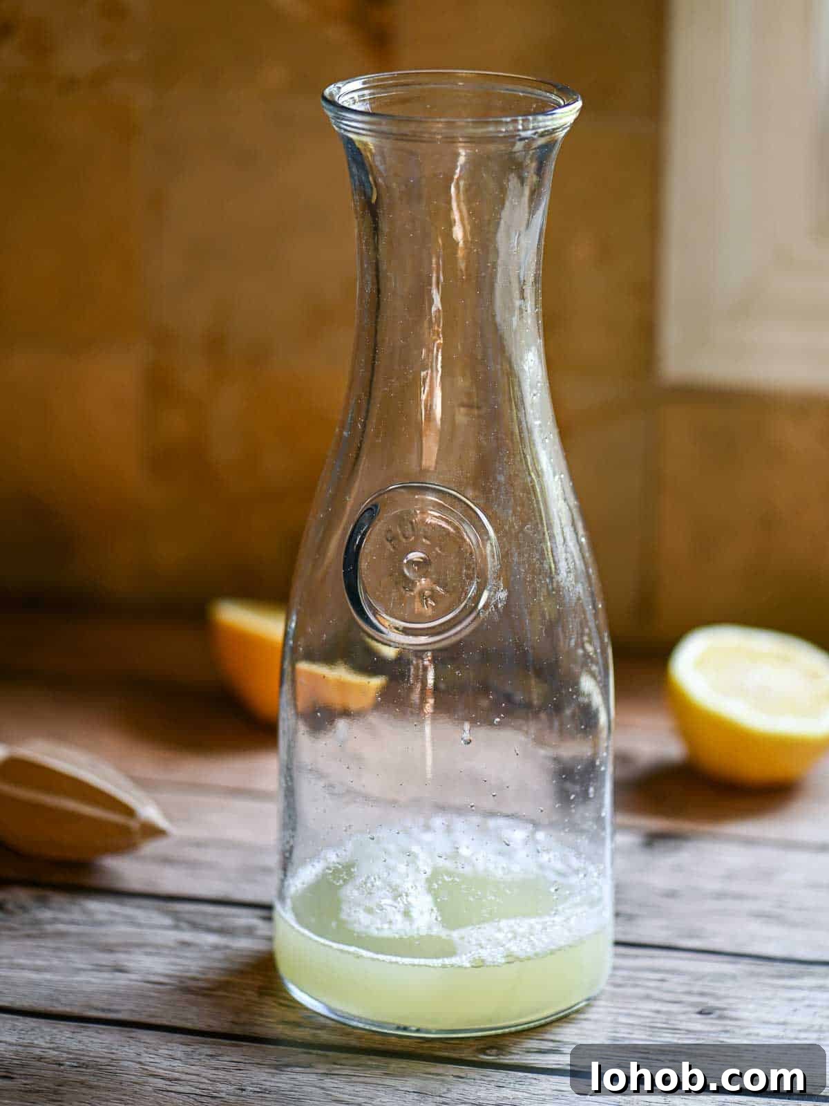 A pitcher filled with lemon juice on a wooden table.