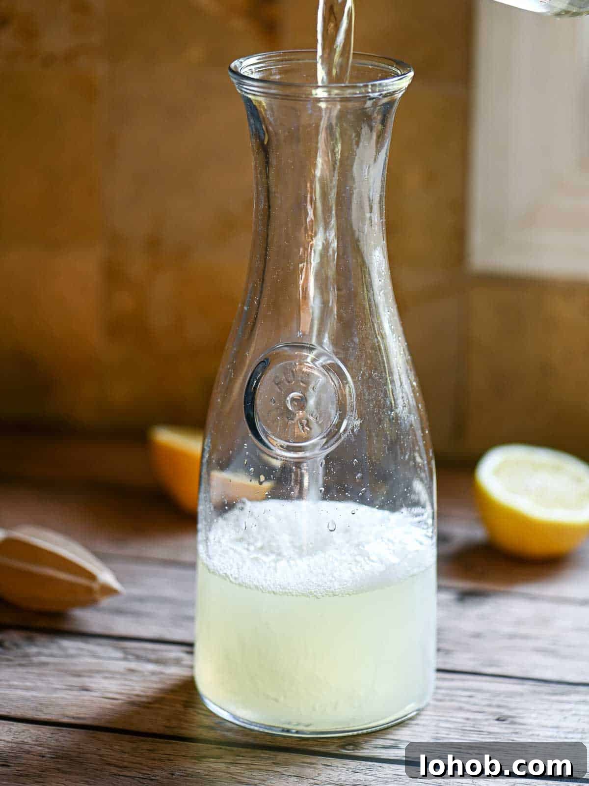 Water and lemon juice in a tall glass pitcher.