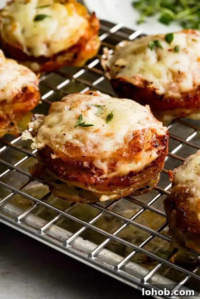 potato cheese stacks on a rack