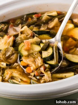 A ladle scooping out some slow cooker weight loss soup.