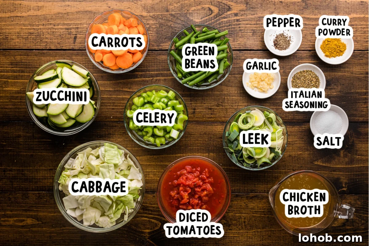 Metabolism-Boosting Vegetable Soup for Fast Weight Loss 3 Ingredients for slow cooker weight loss soup on a table.