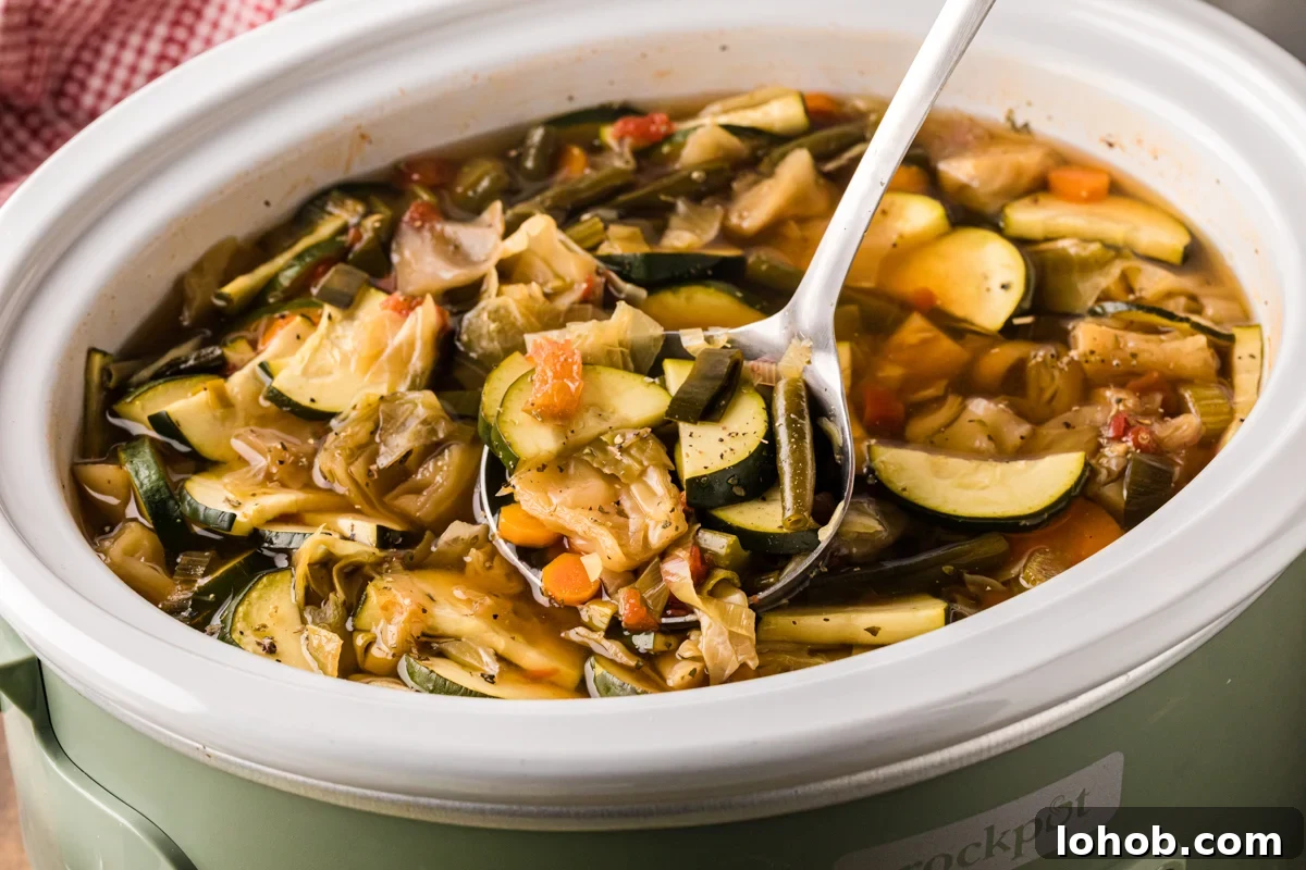 Metabolism-Boosting Vegetable Soup for Fast Weight Loss 8 A ladle scooping out some slow cooker weight loss soup.