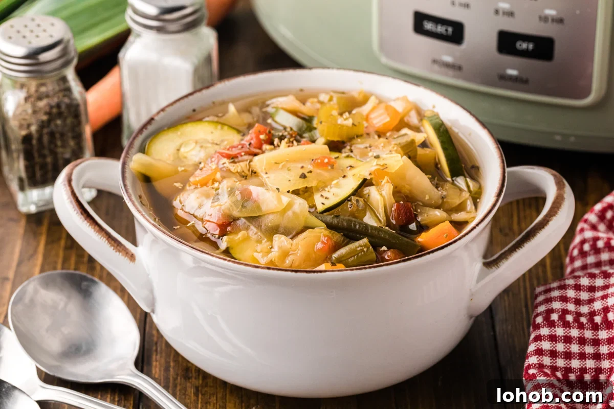 Metabolism-Boosting Vegetable Soup for Fast Weight Loss 9 A serving of slow cooker weight loss soup in a white bowl.
