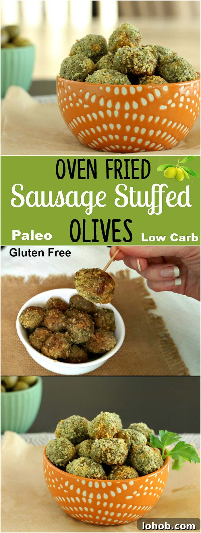 Oven Fried Stuffed Olives- Paleo, Low Carb & Gluten Free sausage stuffed olives that are gluten free breaded and oven fried.