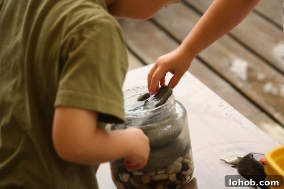 Preschool Water Displacement Science Activity: Hands-On Experiment 6 experimenting with different sizes of stones to raise the water level