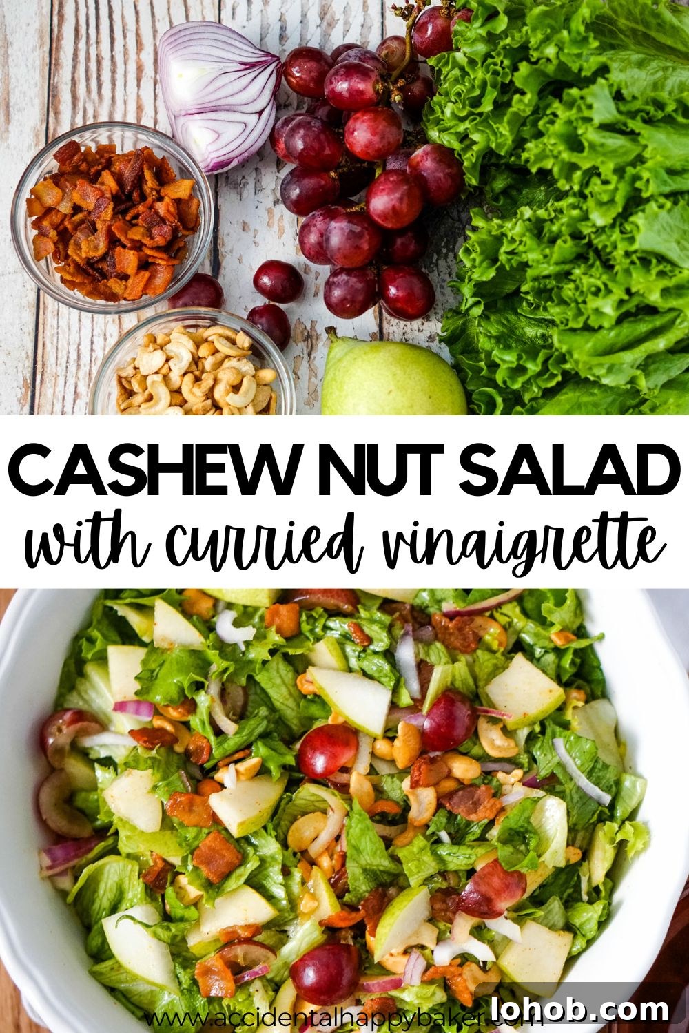 Crunchy Cashew Salad with Lime-Ginger Dressing 12 This isn't your typical side salad. Cashew Nut Salad combines cashews, bacon, pears and grapes with mixed greens and a snappy curried vinaigrette for an easy salad recipe that will liven up any meal!