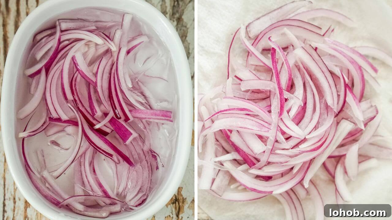 Crunchy Cashew Salad with Lime-Ginger Dressing 6 The red onion is soaked in an ice bath and then dried on a paper towel.