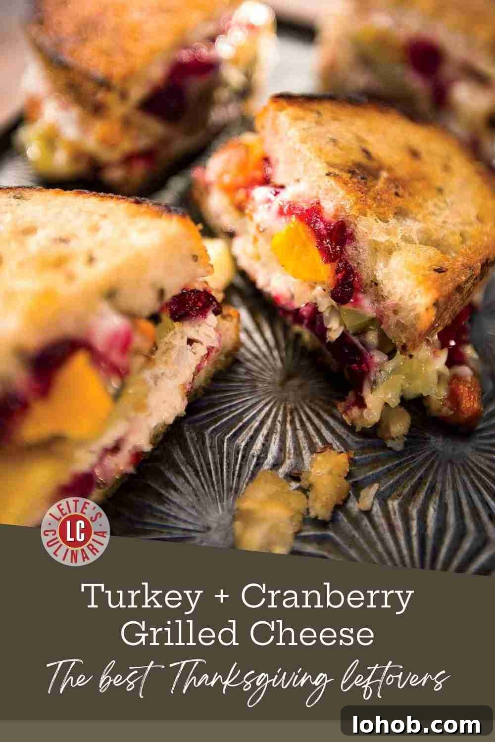 Cross-section view of a hot turkey and cheddar sandwich on grilled sourdough, showing melted cheese and vibrant cranberry sauce.