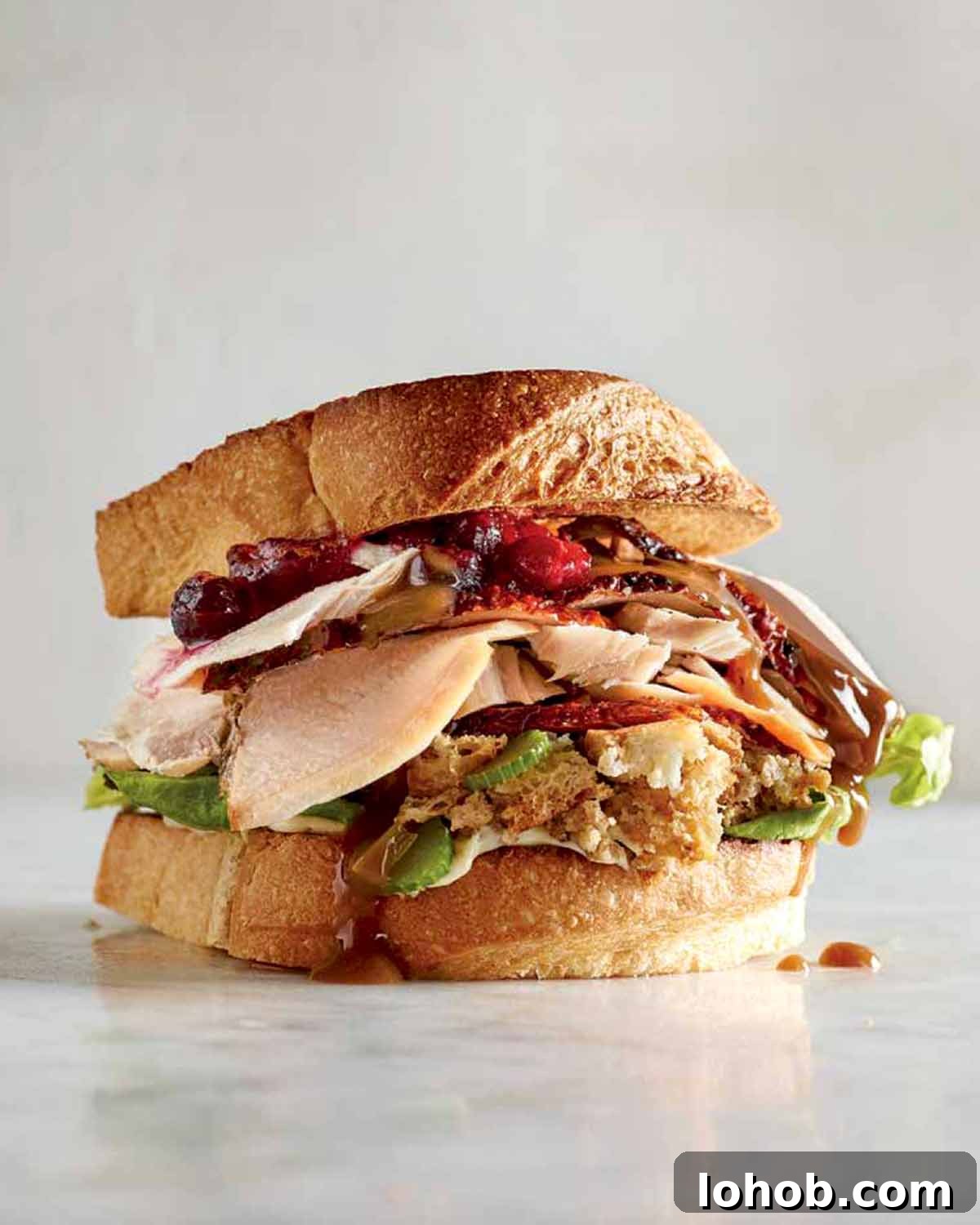 A turkey cranberry sandwich with stuffing on toasted bread.