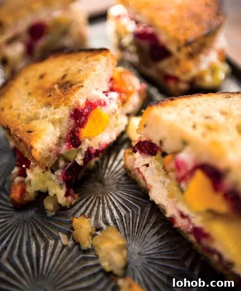 Two hot turkey sandwiches, sliced in half on a tray with pieces of cranberry, avocado, and stuffing lying beside them.