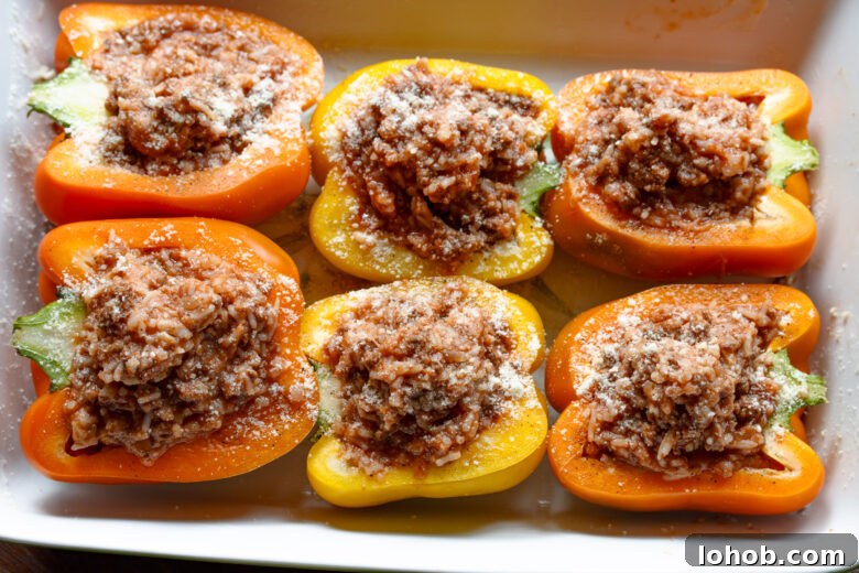 Stuffed bell peppers with ground beef and rice ready to enter the oven. 