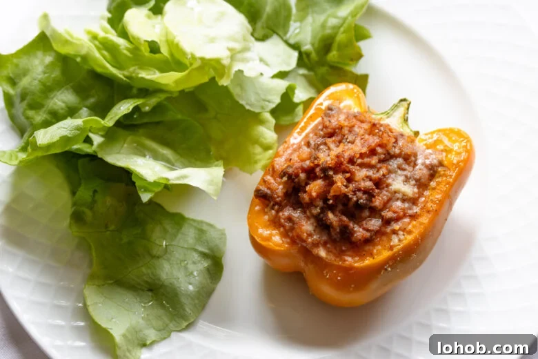 Half of a stuffed bell pepper on a white plate served with butter lettuce with vaingrette.