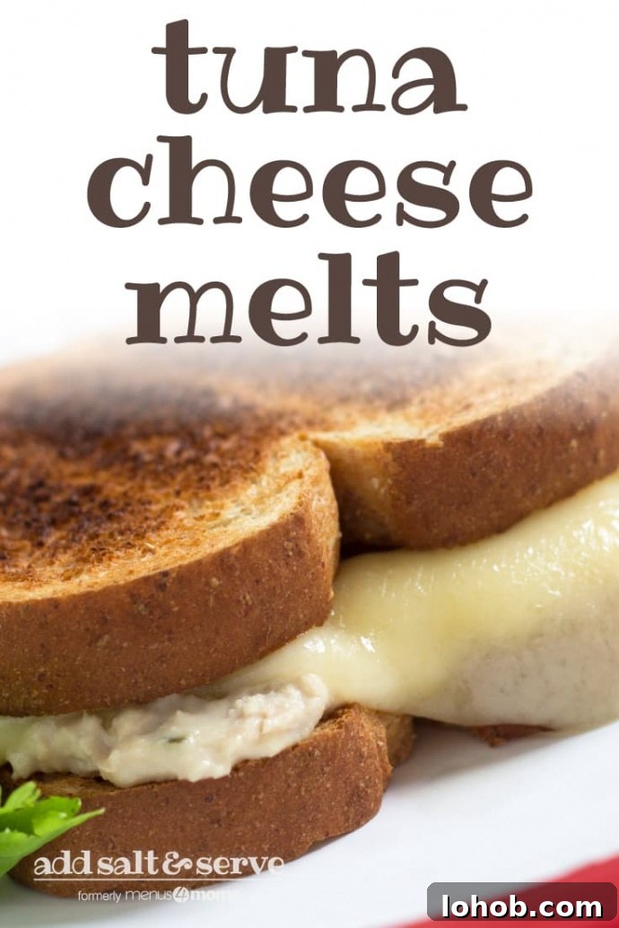 Tuna and a slice of melted swiss cheese on two pieces of toasted bread on a white plate; text tuna cheese melts add salt & serve formerly menus4moms