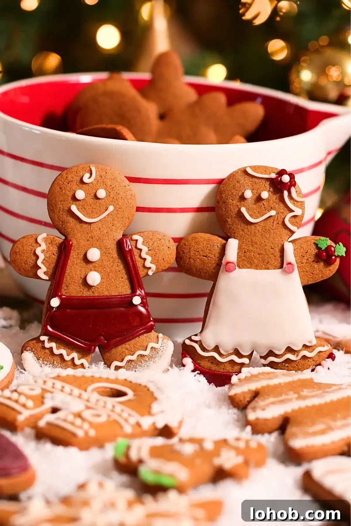 homemade gingerbread cookies decorated with loyal icing, laid on a pile of snow