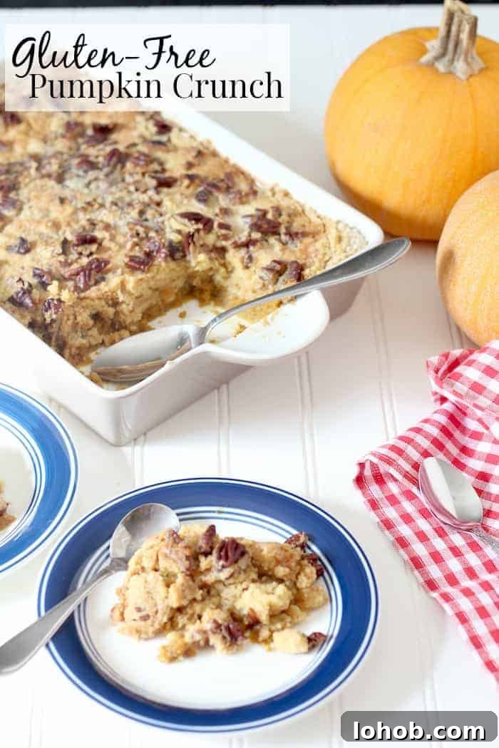 Image shows a large pan with gluten free pumpkin crunch cake on a white table. Nearby is a plate with blue trim and a serving of the pumpkin crunch. In the background are two small pumpkins.