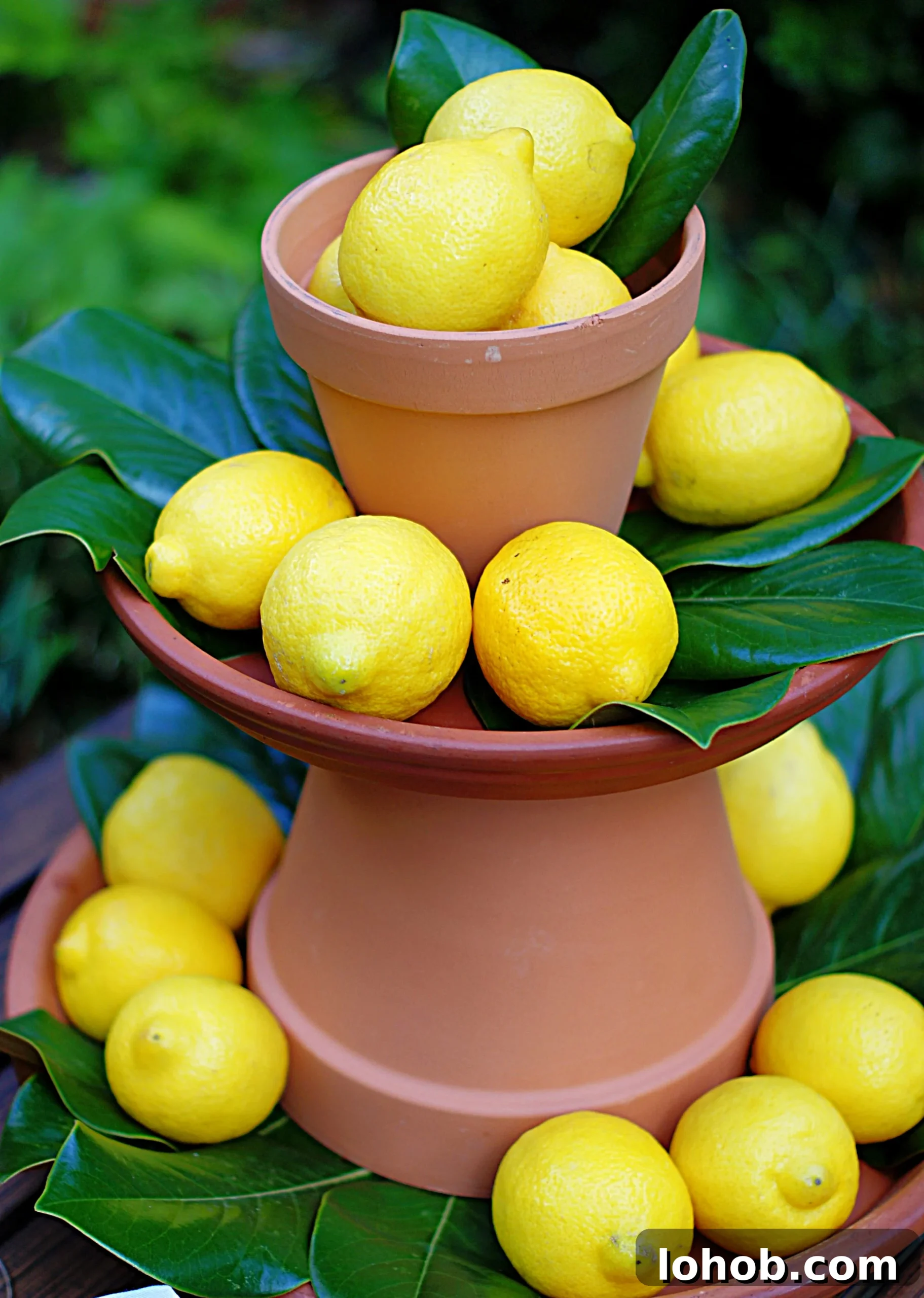 DIY Lemon Centerpiece: 5-Step Guide for Bright Table Decor 4 An upclose of the 2 tier lemon centerpiece with terracotta pots and magnolia leaves