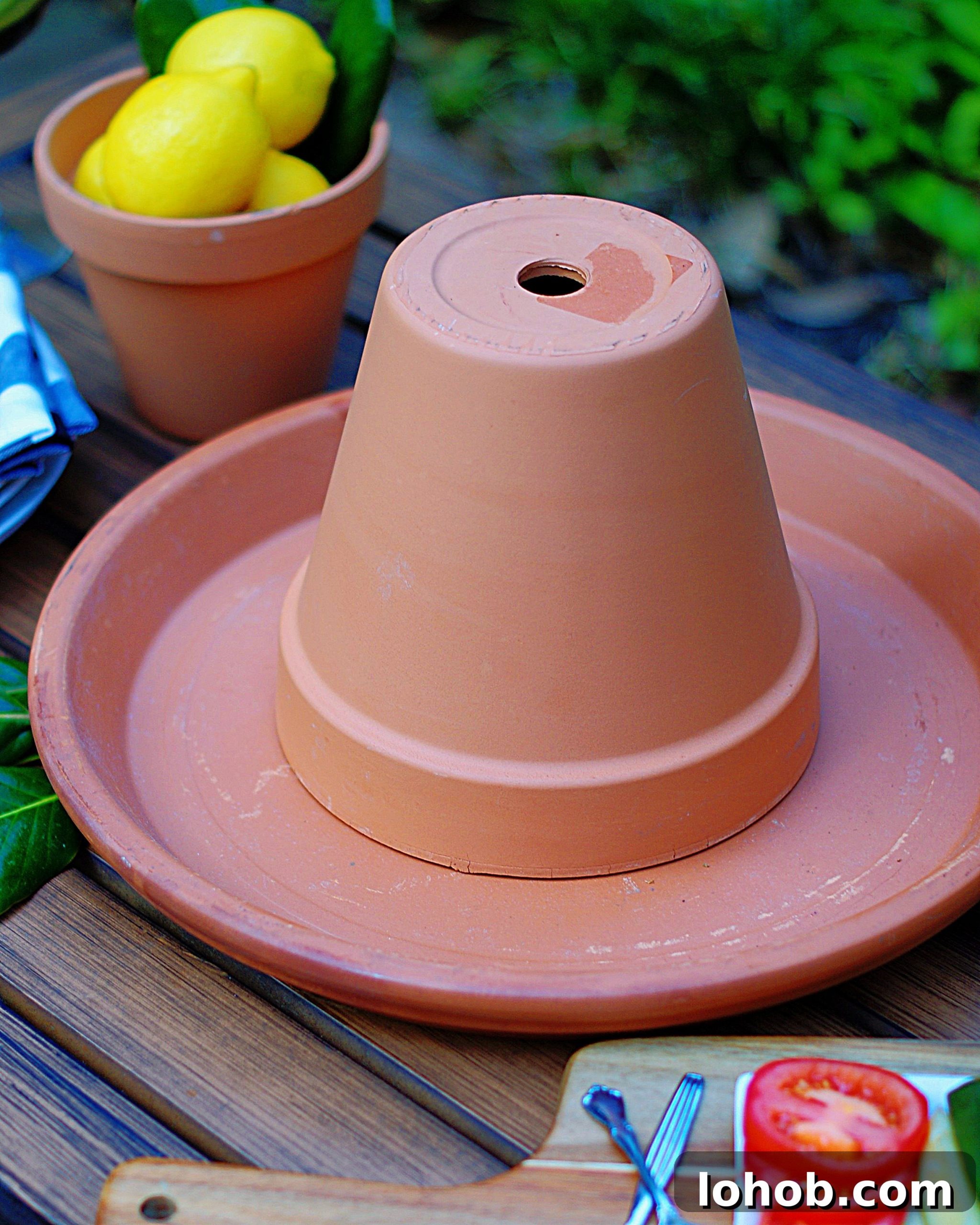 DIY Lemon Centerpiece: 5-Step Guide for Bright Table Decor 5 Lemon Centerpiece Step 1 with large terracotta tray and medium pot.