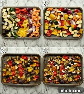 4 step by step photos showing how to roast vegetables