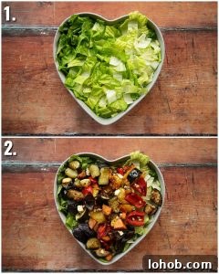 2 step by step photos showing how to make roasted vegetable salad