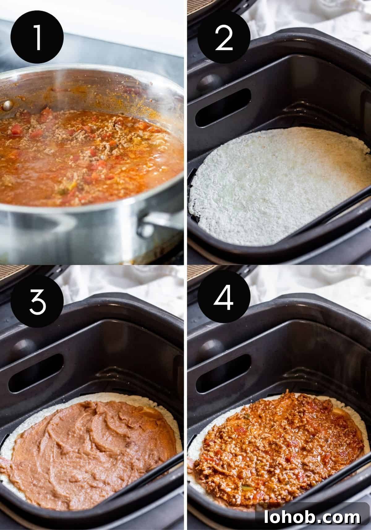 Crispy Air Fryer Mexican Pizza Recipe (30 Minutes) 4 Steps 1-4 prep collage showing pizzas being made in air fryer.