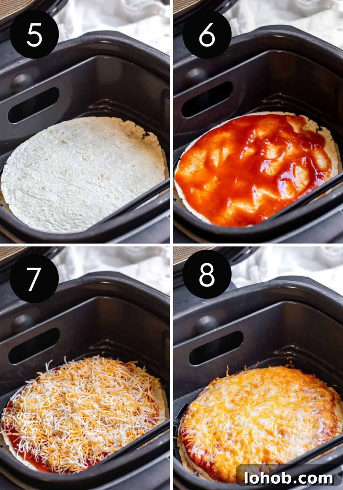 Crispy Air Fryer Mexican Pizza Recipe (30 Minutes) 5 Steps 5-8 showing mexican pizzas being made in air fryer with numbered pictures.