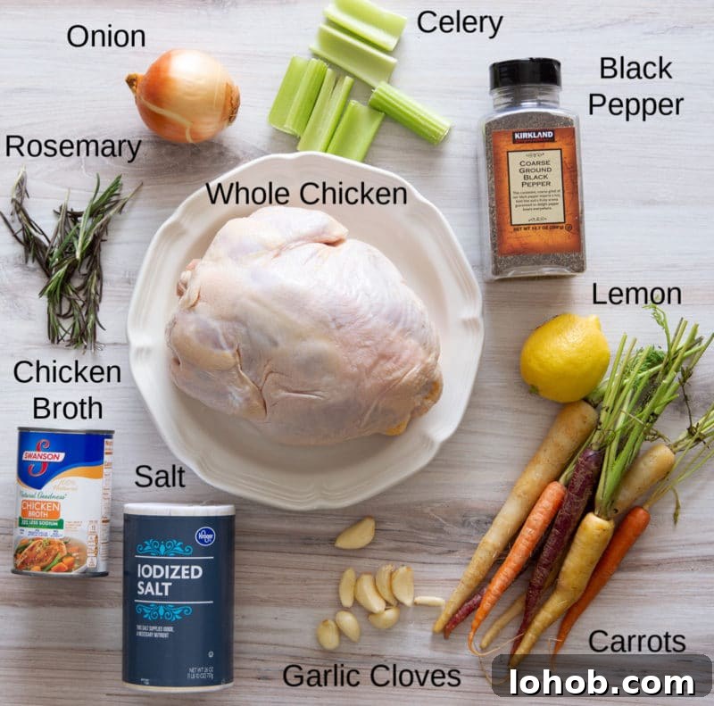 Slow Cooker Lemon Garlic Whole Chicken Recipe 3 Whole Chicken, onion, vegetables, seasoning, and broth on a counter.
