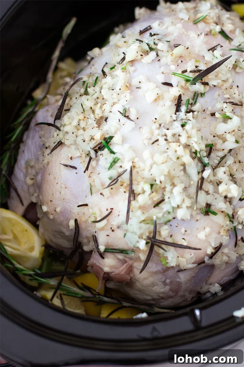 Slow Cooker Lemon Garlic Whole Chicken Recipe 6 Whole chicken in a crock pot topped with a garlic herb wet rub.