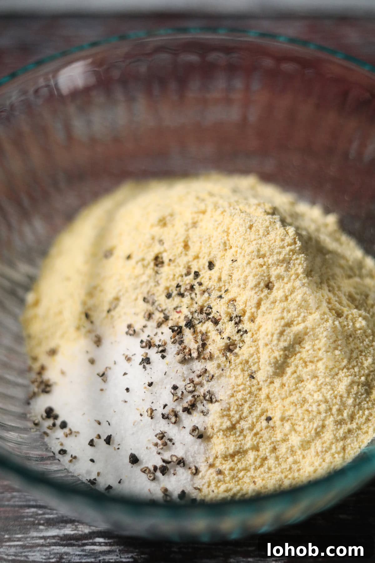 Southern Hot Water Cornbread Recipe — Crispy Skillet Cornbread 4 Dry ingredients for hot water cornbread in a mixing bowl.