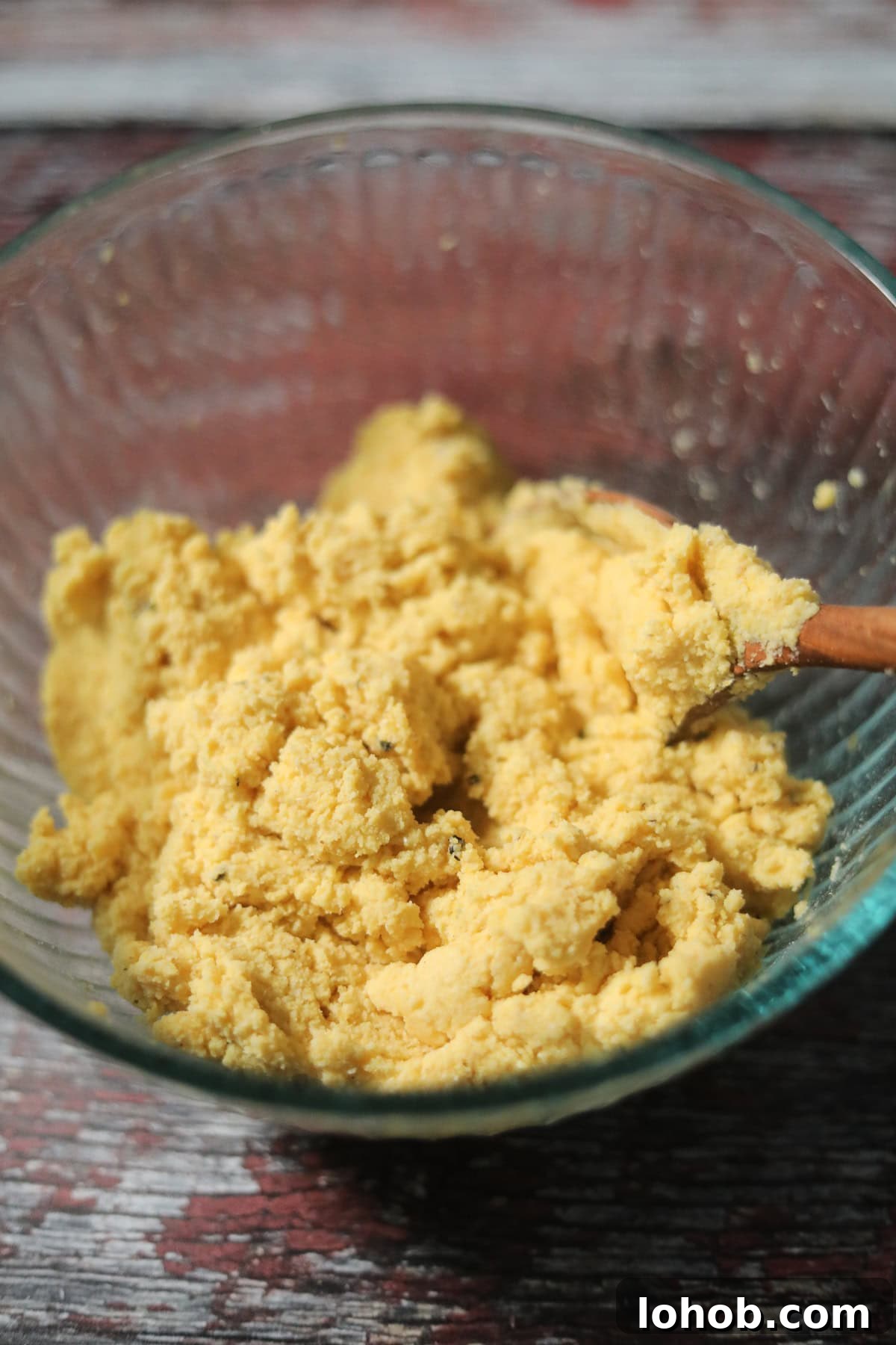 Southern Hot Water Cornbread Recipe — Crispy Skillet Cornbread 5 Hot water cornbread batter in a mixing bowl.