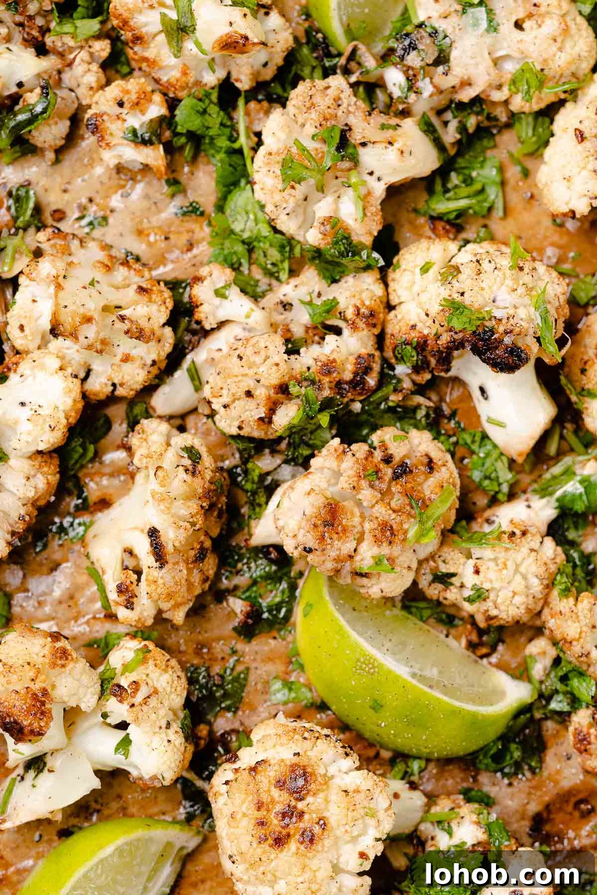 cilantro lime roasted cauliflower on baking pan