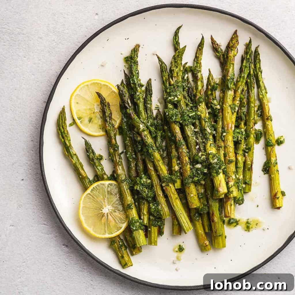 Lemon Herb Roasted Asparagus Close up on Plate