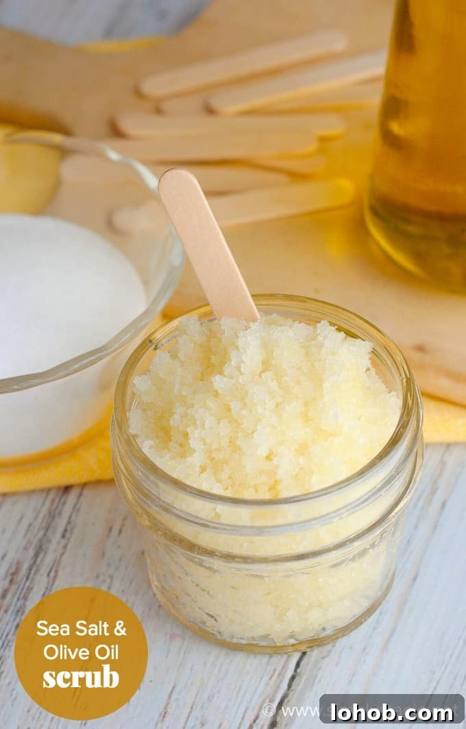 Sea Salt & Olive Oil Scrub - Your skin will feel glorious with this DIY scrub! It's easy to make with pantry ingredients and makes a great gift.