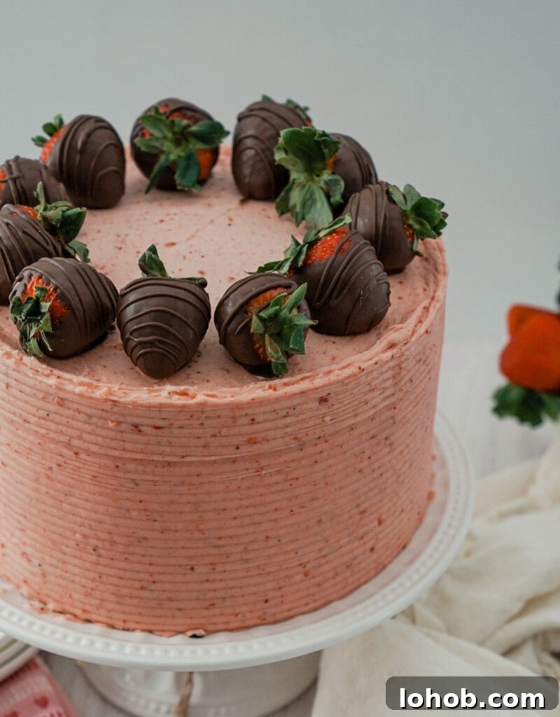 Chocolate-Dipped Strawberry Layer Cake Recipe 2 Chocolate dipped strawberry cake image 1