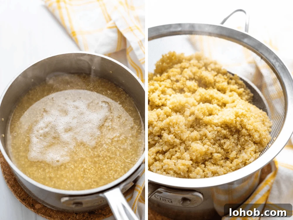 cooking and steaming the quinoa for the simple side dish.