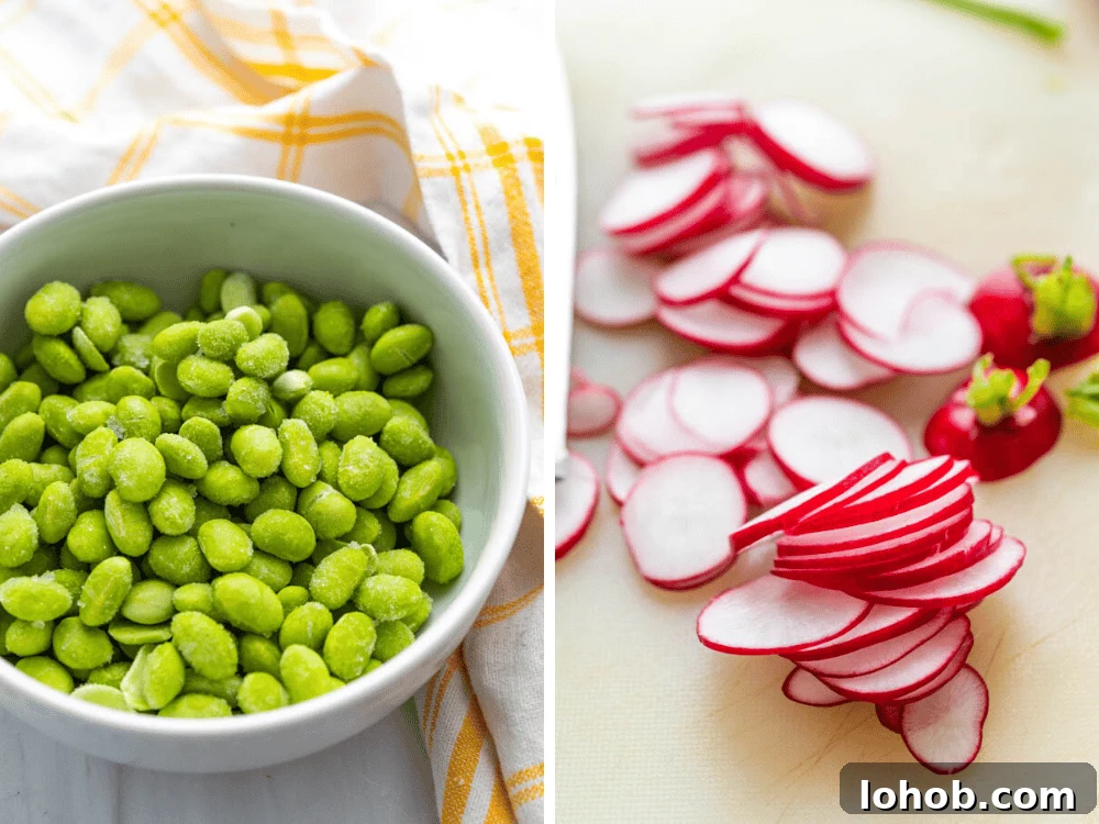defrosting edamame and slicing radishes for quinoa side dish with citrus vinaigrette.