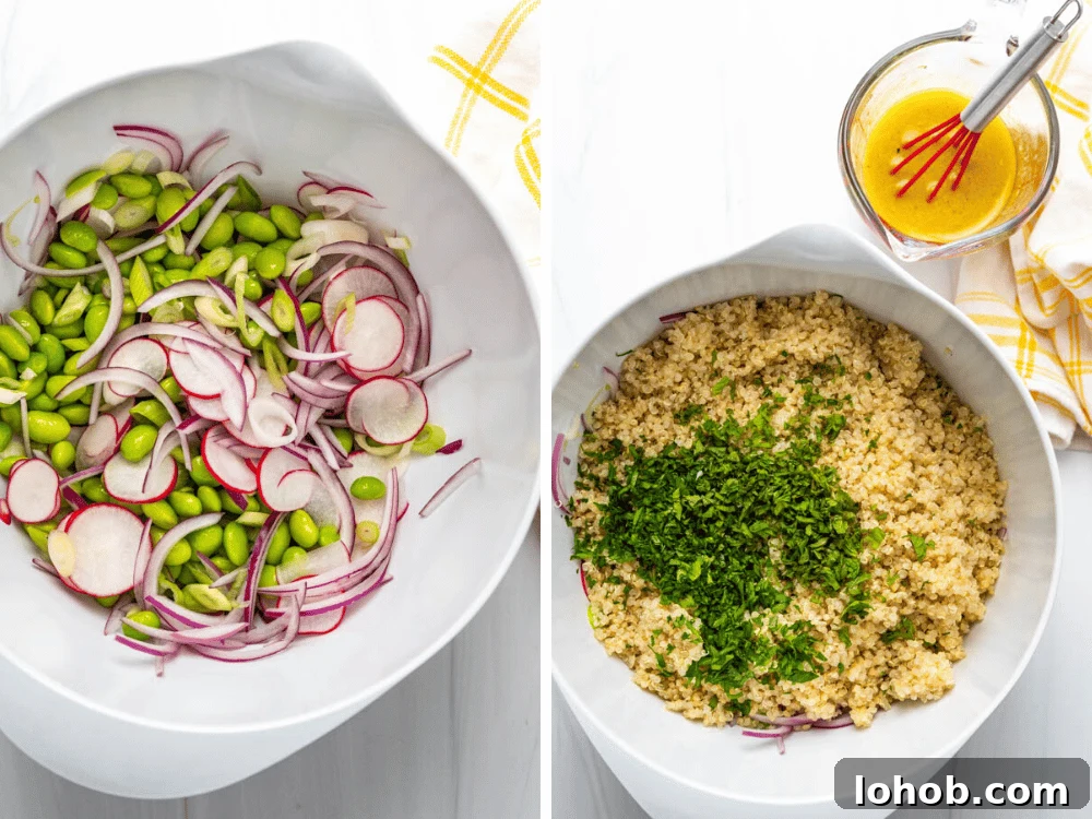 assembling the quinoa edamame and radish salad.