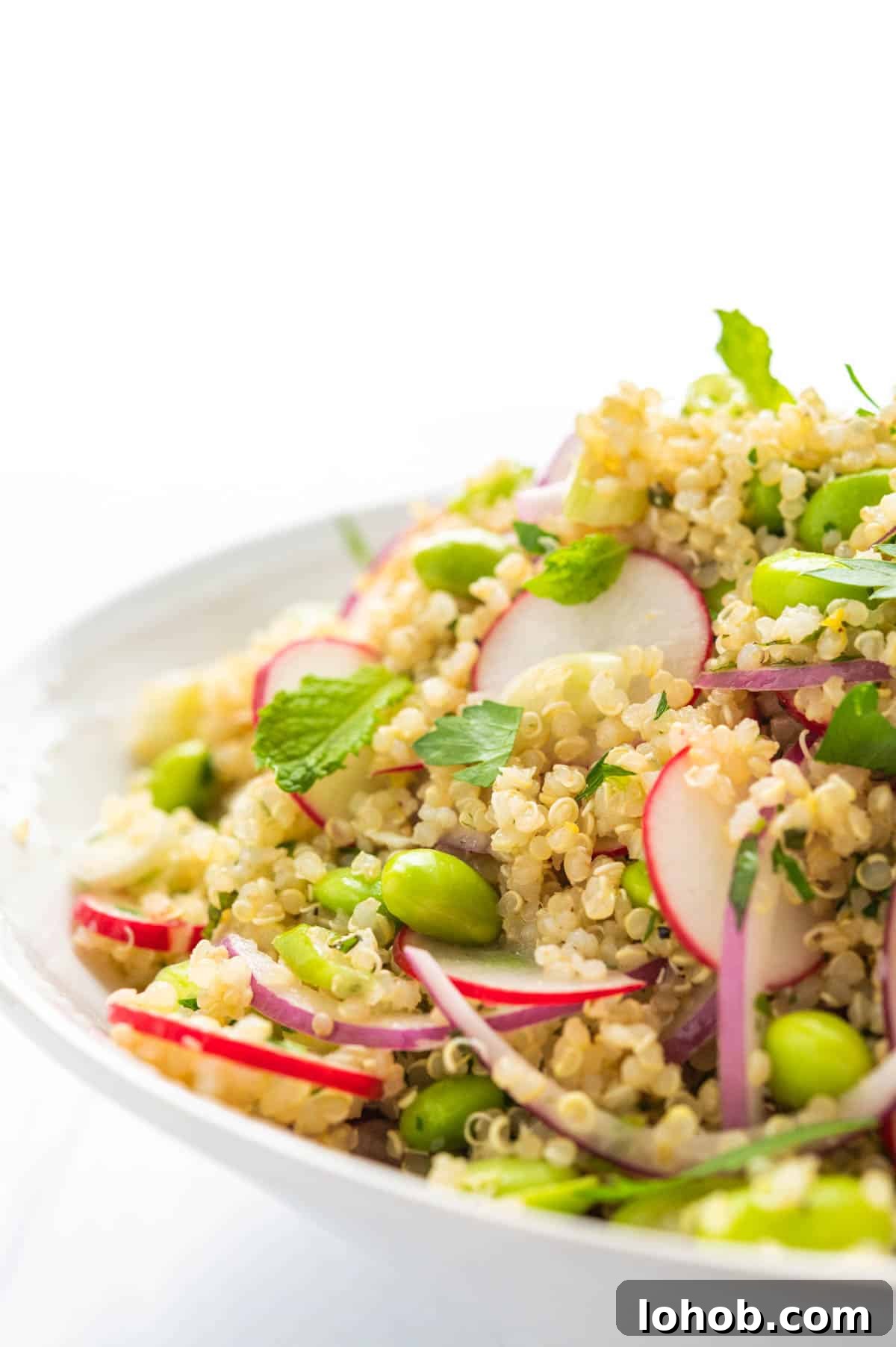closeup of the edamame salad.